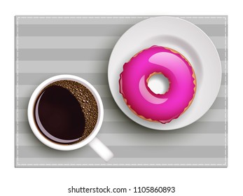 Cup of coffee on warfare dish, donut in glaze. Breakfast image, top view. Morning drink with sweetness. Hot coffee cup on white platter, donut glaze. Light snack top banner. Still life dessert