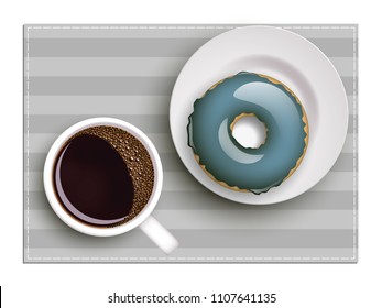 Cup of coffee on warfare dish, donut in glaze. Breakfast image, top view. Morning drink with sweetness. Hot coffee cup on white platter, donut glaze. Light snack top banner. Still life dessert