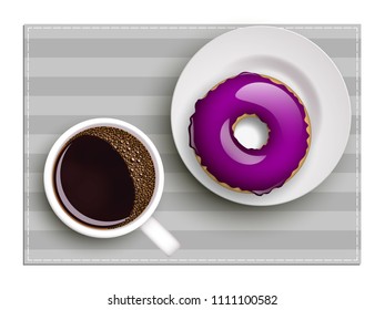 Cup of coffee on warfare dish, donut in glaze. Breakfast image, top view. Morning drink with sweetness. Hot coffee cup on white platter, donut glaze. Light snack top banner. Still life dessert