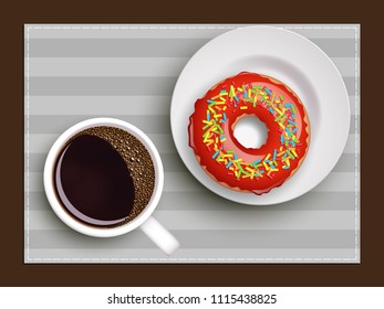 Cup of coffee on warfare dish, donut in glaze. Breakfast image, top view. Morning drink with sweetness. Hot coffee cup on white platter, donut glaze. Light snack top banner. Still life dessert