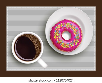 Cup of coffee on warfare dish, donut in glaze. Breakfast image, top view. Morning drink with sweetness. Hot coffee cup on white platter, donut glaze. Light snack top banner. Still life dessert