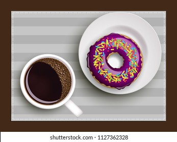 Cup of coffee on warfare dish, donut in glaze. Breakfast image, top view. Morning drink with sweetness. Hot coffee cup on white platter, donut glaze. Light snack top banner. Still life dessert