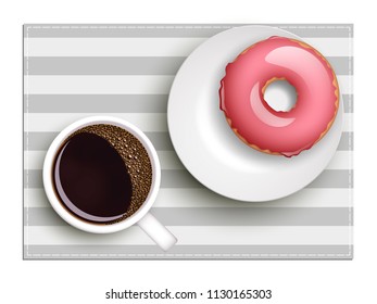 Cup of coffee on warfare dish, donut in glaze. Breakfast image, top view. Morning drink with sweetness. Hot coffee cup on white platter, donut glaze. Light snack top banner. Still life dessert