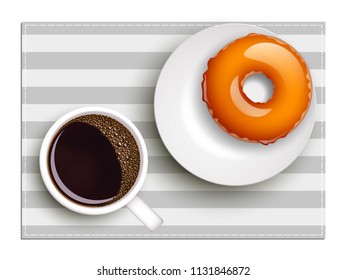 Cup of coffee on warfare dish, donut in glaze. Breakfast image, top view. Morning drink with sweetness. Hot coffee cup on white platter, donut glaze. Light snack top banner. Still life dessert