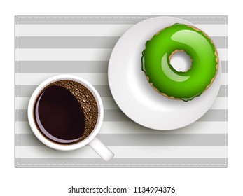 Cup of coffee on warfare dish, donut in glaze. Breakfast image, top view. Morning drink with sweetness. Hot coffee cup on white platter, donut glaze. Light snack top banner. Still life dessert