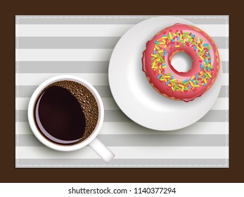 Cup of coffee on warfare dish, donut in glaze. Breakfast image, top view. Morning drink with sweetness. Hot coffee cup on white platter, donut glaze. Light snack top banner. Still life dessert