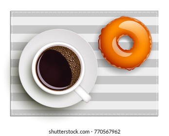 Cup of coffee on warfare dish, donut in glaze. Breakfast image, top view. Morning drink with sweetness. Hot coffee cup on white platter, donut glaze. Light snack top banner. Vector Still life dessert