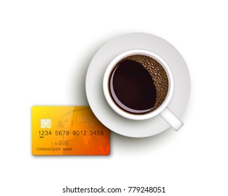 Cup of coffee on warfare dish, bank chip card. Breakfast image, top view. Morning drink coffe and plastic credit card. Hot coffee cup on white platter, debit card top banner. Vector cashless payment