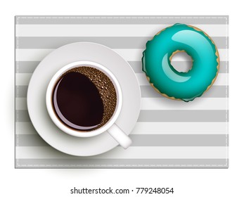 Cup of coffee on warfare dish, donut in glaze. Breakfast image, top view. Morning drink with sweetness. Hot coffee cup on white platter, donut glaze. Light snack top banner. Vector Still life dessert