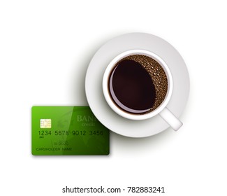Cup of coffee on warfare dish, bank chip card. Breakfast image, top view. Morning drink coffe and plastic credit card. Hot coffee cup on white platter, debit card top banner. Vector cashless payment