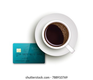 Cup of coffee on warfare dish, bank chip card. Breakfast image, top view. Morning drink coffe and plastic credit card. Hot coffee cup on white platter, debit card top banner. Vector cashless payment