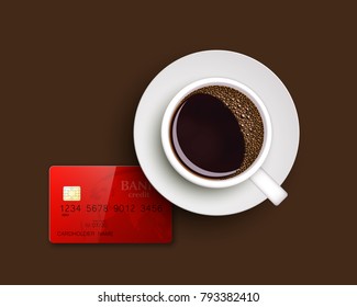 Cup of coffee on warfare dish, bank chip card. Breakfast image, top view. Morning drink coffe and plastic credit card. Hot coffee cup on white platter, debit card top banner. Vector cashless payment