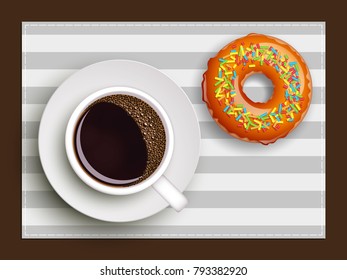 Cup of coffee on warfare dish, donut in glaze. Breakfast image, top view. Morning drink with sweetness. Hot coffee cup on white platter, donut glaze. Light snack top banner. Vector Still life dessert