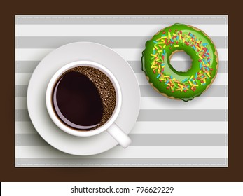 Cup of coffee on warfare dish, donut in glaze. Breakfast image, top view. Morning drink with sweetness. Hot coffee cup on white platter, donut glaze. Light snack top banner. Vector Still life dessert