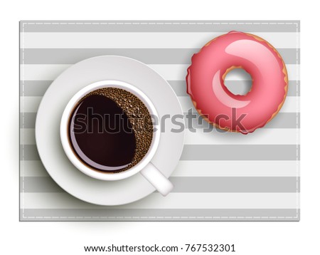 Cup of coffee on warfare dish, donut in glaze. Breakfast image, top view. Morning drink with sweetness. Hot coffee cup on white platter, donut glaze. Light snack top banner. Vector Still life dessert