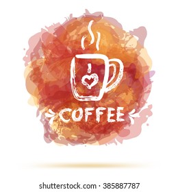 cup of coffee on watercolor background, hand drawn cup of coffee with text and decorative elements,