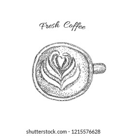 Cup with a coffee on the white background, top view. Sketching style.