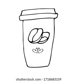 Cup for coffee on a white background. Paper glass. Coffee beans and two hearts are written on a cup, a glass. The love of coffee. Coffee in a glass. Vector illustration Vector.
