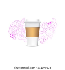 Cup of coffee on white background with cardboard and creative doodle backdrop. Inspiration symbol.