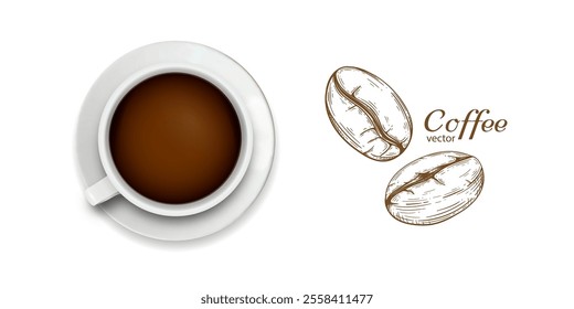 Cup of coffee on a white background. Coffee beans. Drink. Vector illustration .