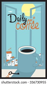 cup of coffee on the window sill with full cityscape