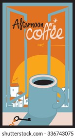 cup of coffee on the window sill with afternoon cityscape