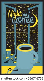 cup of coffee on the window sill with night cityscape
