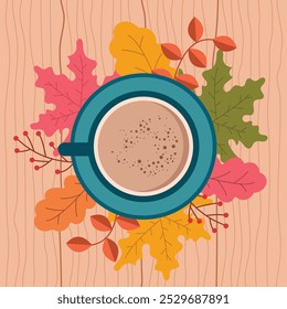 Xícara de café em uma mesa de madeira com folhas de outono.
