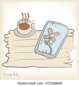 a cup of coffee on wood table and flower, vector illustration