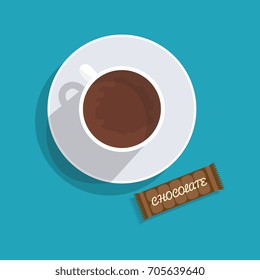 Cup of coffee on a wood table. Chocolate, snack. Vector illustration