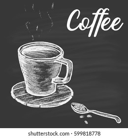  A cup of coffee on a wooden stand and a spoon with grains of coffee drawn chalk on a black board with text. Workpiece for the menu