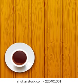 Cup of coffee on a wooden surface. Vector illustration