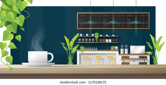 Cup of coffee on wooden table with interior coffee shop background , vector , illustration