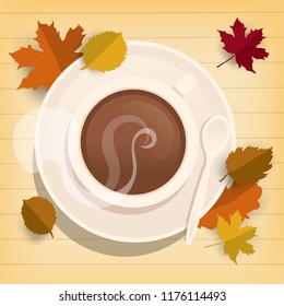 Cup of coffee on wooden table with autumn leaves, top view, Autumn background season concept. Flat vector illustration
