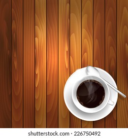 Cup of coffee on the wooden table - vector illustration