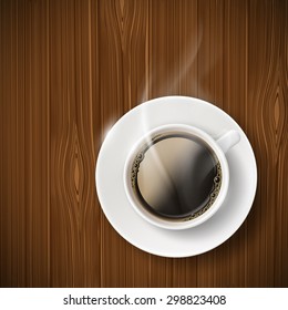 Cup of coffee on a wooden table. Vector Image Stock.