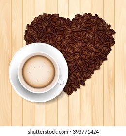 Cup of coffee on the wooden table and coffee beans heart shape - vector illustration