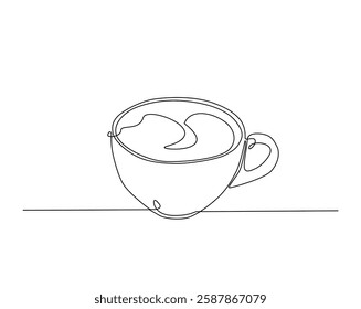 A cup of coffee one line drawing illustration. A cup of hot tea monoline design.  