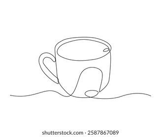 A cup of coffee one line drawing illustration. A cup of hot tea monoline design.  