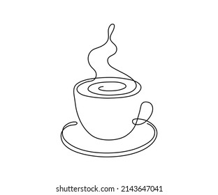 Taza de café, un solo dibujo de línea continua. Sencillo contorno abstracto de hermosa taza con bebida de vapor. Ilustración del vector