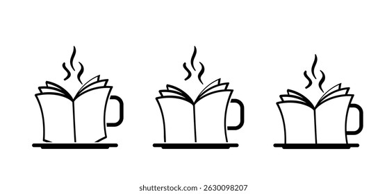 Cup of coffee, open book and pages. Education concept. Line drawing. Opened books sign. Book store logo. Flying pages. World book day. Coffee time.