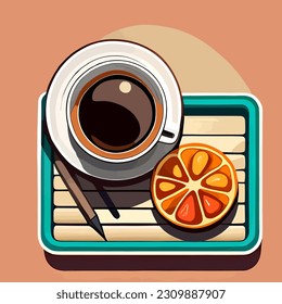 Cup of coffee and orange on a plate. Vector illustration.