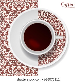 Cup of coffee with ornament on a saucer and vertical seamless floral doodle pattern. Business coffee break concept, interior design background. Isolated coffee cup and plate decor elements