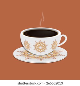 Cup of coffee with ornate eastern round elements