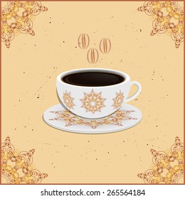 Cup of coffee with ornate eastern round elements