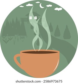 A cup of coffee or other hot beverage on the background of evening suburban landscape with a small house and trees. The image is made in warm and green colors.