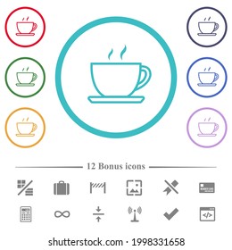 Taza de café contorno iconos de color plano en contornos de forma circular. 12 íconos adicionales incluidos.