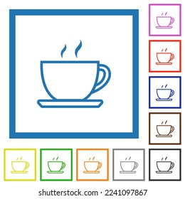 Cup of coffee outline flat color icons in square frames on white background