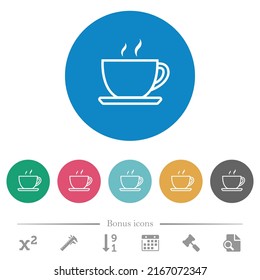 Cup of coffee outline flat white icons on round color backgrounds. 6 bonus icons included.