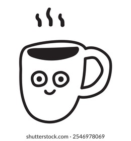 Una taza de café. Icono de contorno aislado. Personaje gracioso. Ilustración sobre fondo blanco. 